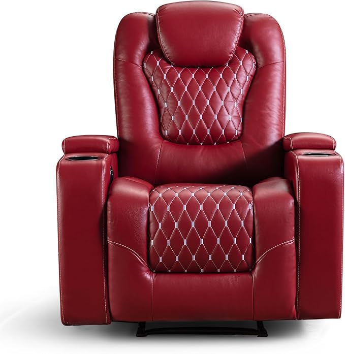 ANJ Power Recliner Chair with USB Ports and Cup Holders - Overstuffed Electric Home Theater Seating PU Leather Reclining Furniture with Hidden Arm Storage, Easy to Clean (Set of 2, Red)