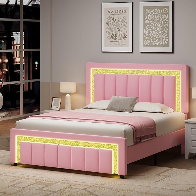 HOMBCK Bed Frame Full Size with LED Lights and Velvet Upholstered Headboard, Bed Frame Full with Modern Diamond Headboard Adjustable, Wooden Slats Support, Noise Free, No Box Spring Needed, Pink