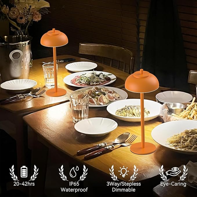 Orange Table Lamp Set of 2 Rechargeable,Table Lights Battery Operated-IP65 Waterproof-for Outdoor Patio/Restaurants/Home/Dinner/Table Lighting-Touch Control & Dimmable