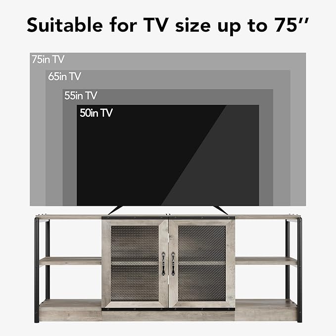 CABIHOME Farmhouse TV Stand for 65/75 Inch TVs, Entertainment Center with Storage Cabinet and Mesh Doors, Industrial Media Console Table, Furniture for Living Room, Light Grey