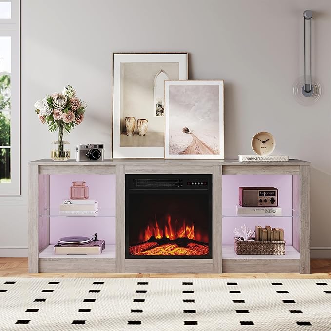 Ludatido 58 Inch TV Stand with 18 inch Fireplace Insert LED Light Entertainment Center Electric Fireplace TV Stand with USB&AC Power Interface for Living Room/Bedroom/Media Room Use(Gray)