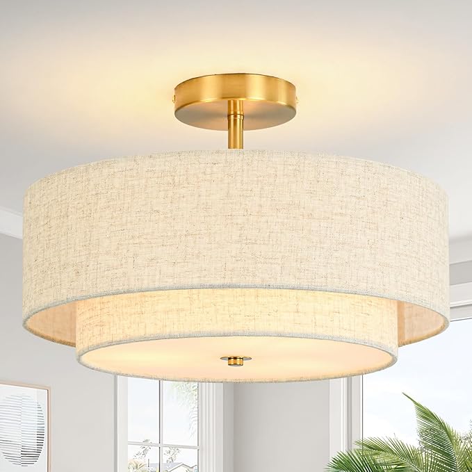 16" Semi Flush Mount Ceiling Light, 3-Light Gold Drum Ceiling Light Fixture with 2-Tier Fabric Linen Shade, Farmhouse Chandelier for Dining Room, Living Room, Bedroom, Kitchen, Hallway, Entryway