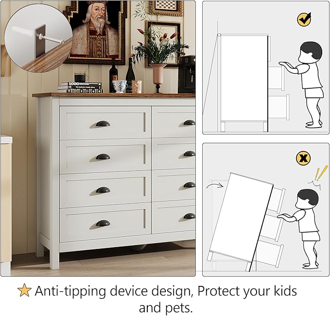White Dresser for Bedroom, Farmhouse 8 Drawer Dresser, Wide Chest of Drawers with Metal Handles, Modern Wood Double Chest for Bedroom, Living Room, Hallway