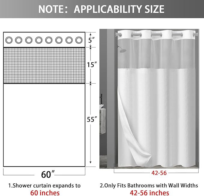 YellyHommy Stall No Hook Shower Curtain with Snap in Fabric Liner Set Less Time White Waffle Shower Curtain for Bathroom 75" L x 60" W