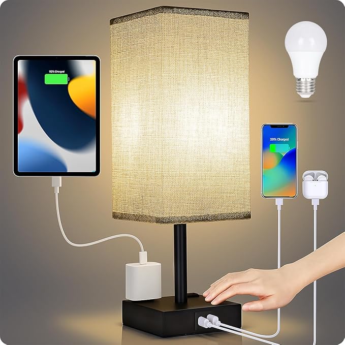 Bedside Table Lamp for Bedroom - Touch Small Lamp with USB C+A Charging Ports & AC Outlets, 3 Way Dimmable Nightstand Light for Living Room (LED Bulb Included, Grey)