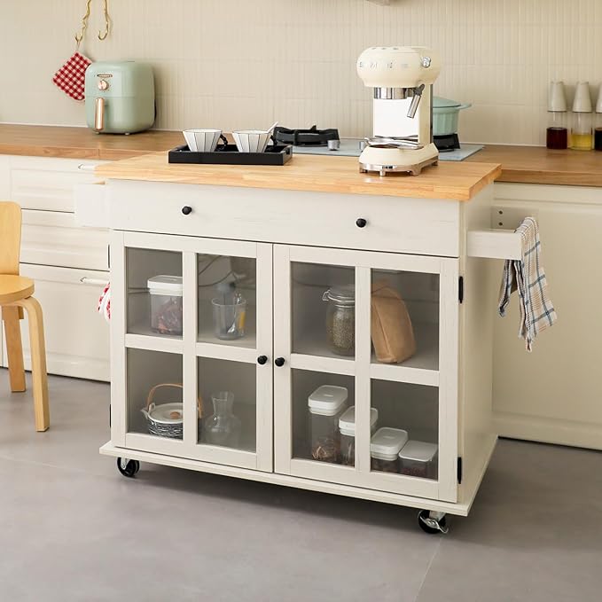 Rolling Kitchen Island with Storage on Wheels, 37.4" Island Table for Kitchen, with 2 Drawers, Adjustable Shelves, Towel & Spice Racks, Solid Pine Top - Warm Beige