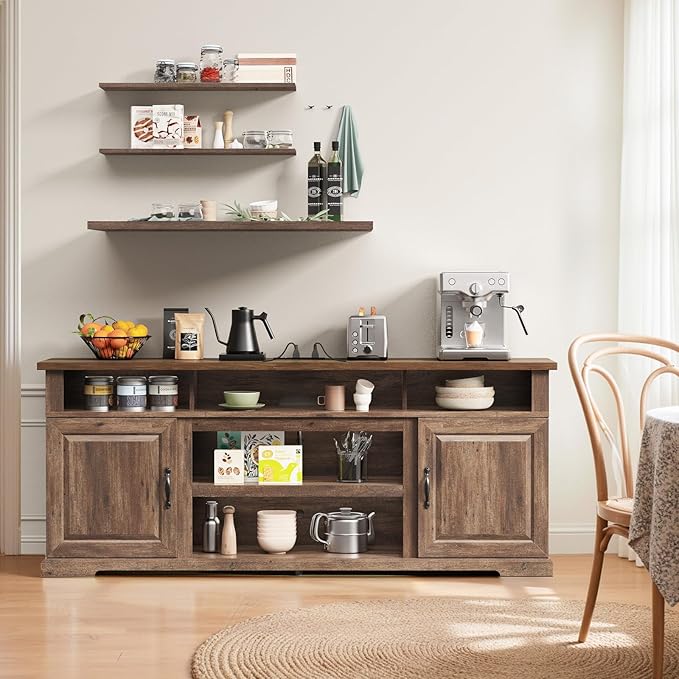Amada TV Stand for TVs Up to 80 Inch, Entertainment Center TV Stand with Drawer Storage Cabinet, Adjustable Shelves, Cable Management, Farmhouse Rustic Wood TV Console for Living Room, Bedroom, Brown