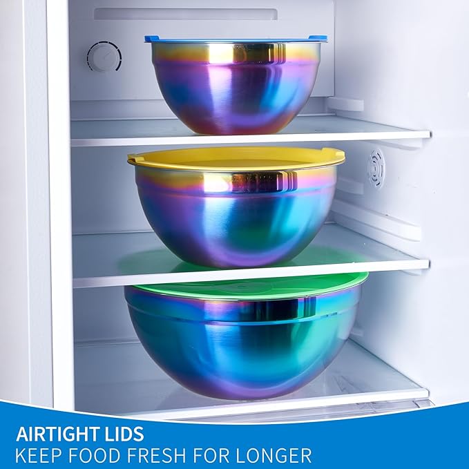 Rainbow Mixing Bowls With Airtight Lids,Stainless Steel Bowl,Salad Bowls 4 Piece Colorful Nesting Bowl Rainbow Kitchen Accessories,Size 5.5,3.6,2.1,1.5 QT Stackable Design