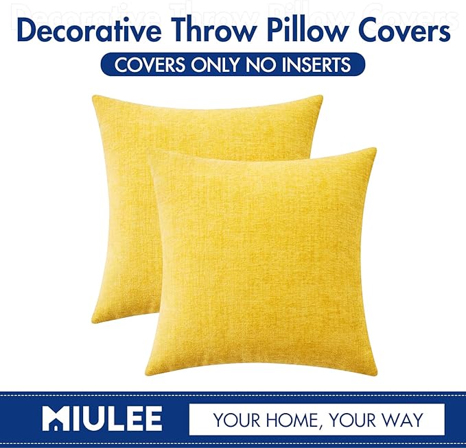 MIULEE Pack of 2 Couch Throw Pillow Covers 20x20 Inch Soft Yellow Chenille Pillow Covers for Sofa Living Room Solid Dyed Pillow Cases