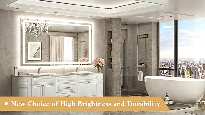 TETOTE 60 x 36 LED Lighted Bathroom Mirror with Lights Wall Mounted, Brighter Front and Backlit Light up Mirror, 3-Color Dimmable Lighted Anti Fog Mirror, Waterproof, Shatterproof Tempered Glass