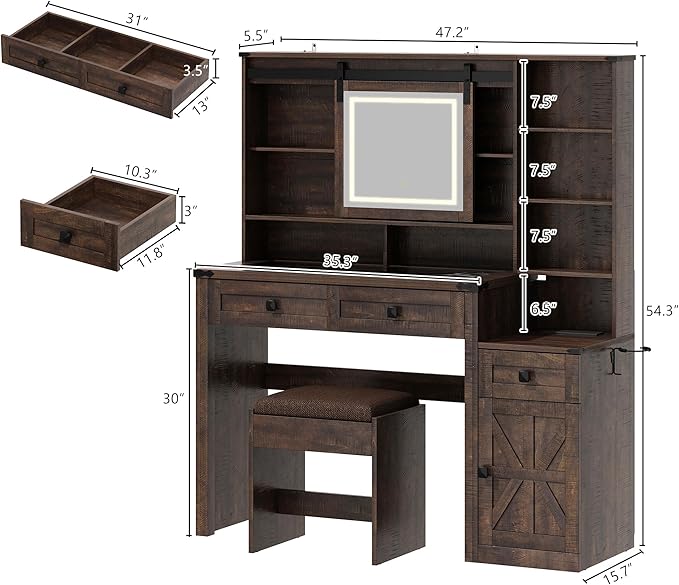 Farmhouse 47.2" Makeup Vanity Desk with Sliding Mirror and Lights, Vanity Set with Stool & Charging Station, 3 Colors Lights, Glass Desktop, Ample Storage, Brown
