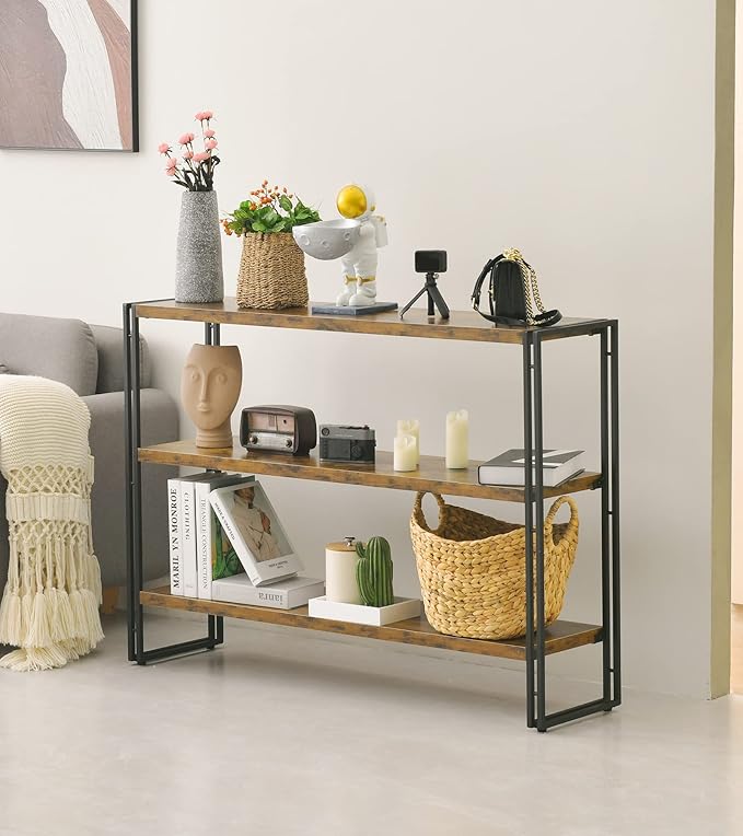HCHQHS 3-Tier Rustic Wood and Metal Industrial Bookshelf for Home Office, Bedroom, Kitchen, Bathroom - 47in