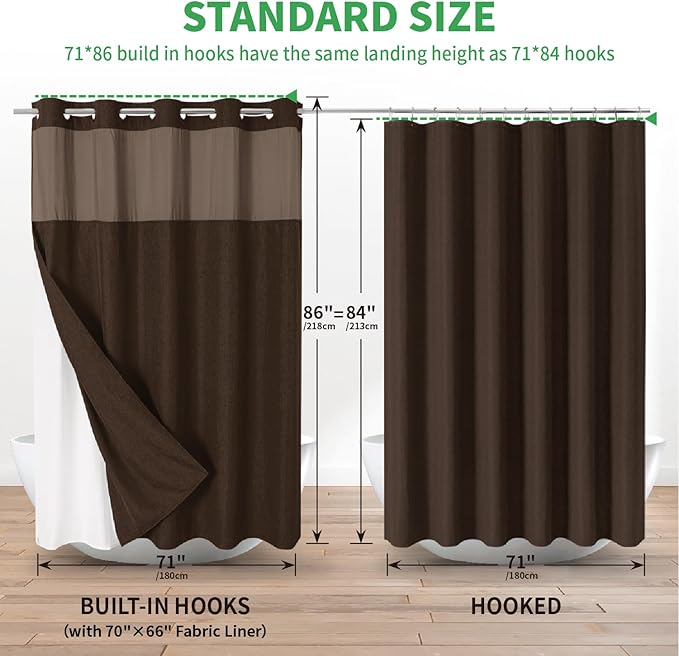Extra Long No Hooks Needed Linen Textured Shower Curtain with Snap-in Fabric Liner Set,White Hotel Luxury Decor Shower Curtains for Bathroom,Waterproof & Washable,71Wx86H,Brown