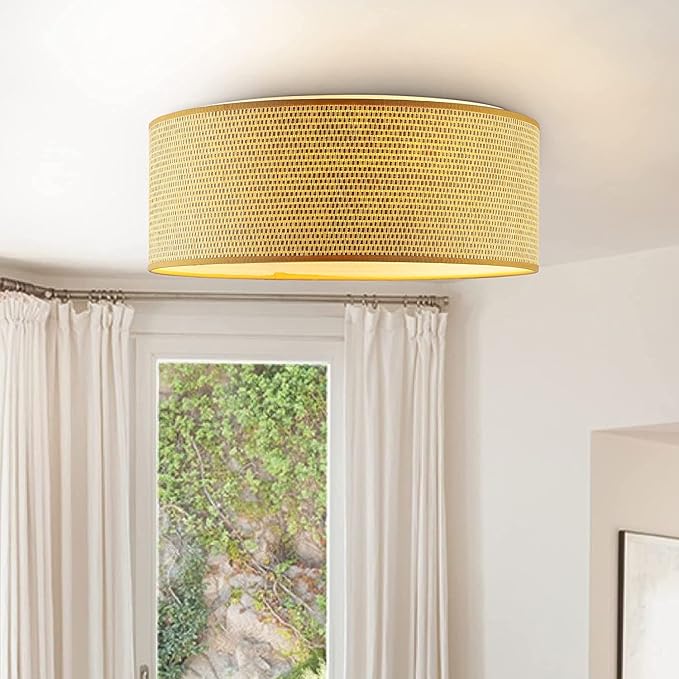 WINGBO 20" Modern 5-Light Flush Mount Ceiling Light Fixture with Fabric & Acrylic Double Drum Shade for Bedroom Living Room Dining Room Hallway Entryway, Flaxen