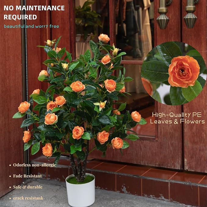 Artificial Camellia Tree 35in Faux Floral Plant with Orange Flowers and Green Leaves - No Maintenance Indoor Outdoor Office Home Porch Decor Housewarming Gift(2-Pack,Orange)