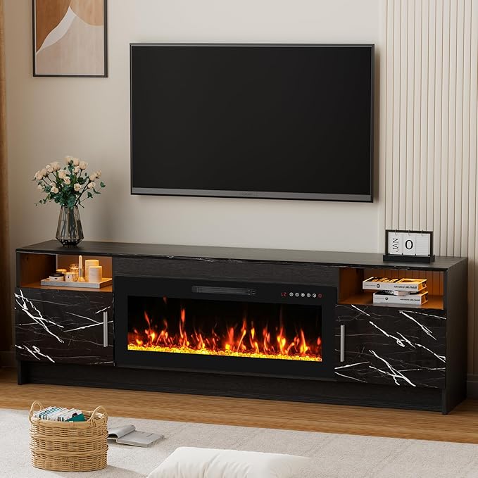 70'' TV Stand with Fireplace-Marble Black Entertainment Center for 75+ inch TV- TV Cabinet with LED Light, Storage, High Glossy Door, Modern TV Console for Living Room