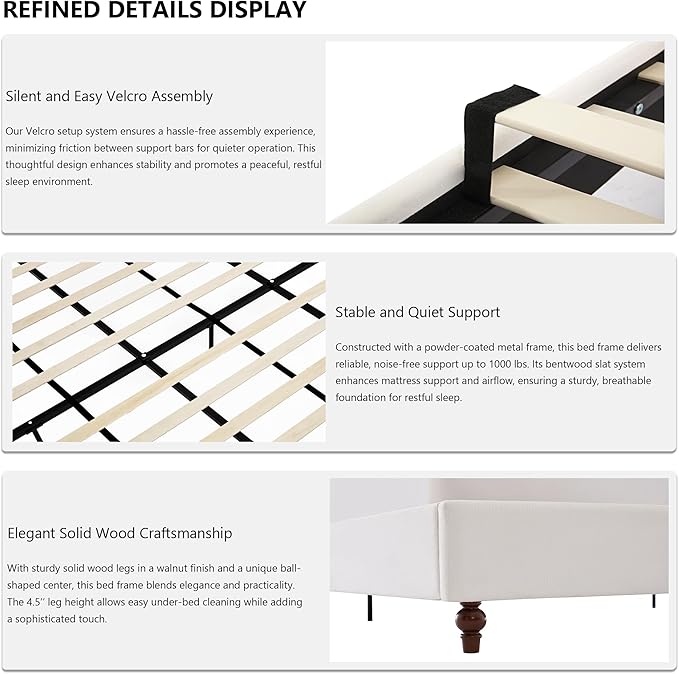 King Size Upholstered Platform Bed with 54" Camelback Headboard, Chenille Fabric, Metal & Wood Support, No Box Spring Needed (Cream White Chenille Curved, King)