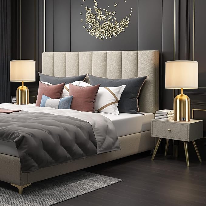 GyroVu Touch Control Table Lamps Set of 2, Bedside Table Lamps for Bedrooms Set of 2 Modern Living Room 3 Way Dimmable Gold Bedside Lamp for End Table with 2 USB Charging Ports, 2 Bulbs Included
