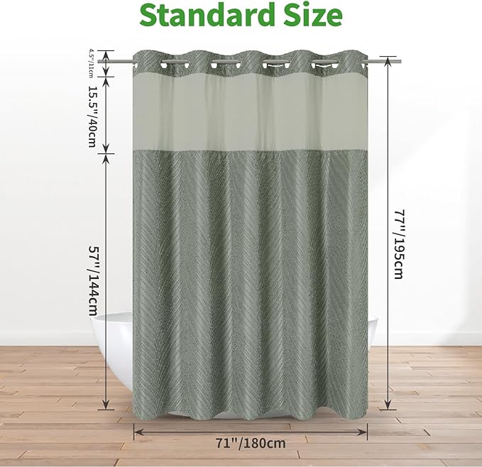 no Hook Shower Curtain and Liner Set,Boho Style with See Through Top Window, SageGreen Fabric Tufted Striped Textured Outer Curtain & Waterproof Inner Liner, SageGreen, 71Wx77H