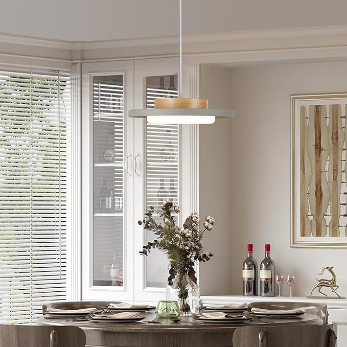 Modern Pendant Lights,15 inch,Natural Wood Cap,3000K/Warm White/22W Dimmable,LED Pendant Light Fixtures for Kitchen, Dining Room, Living Room,Gray