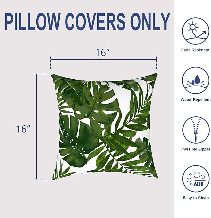 Outdoor/Indoor Throw Pillow Covers Set of 2, All Weather Square Pillow Cases 16x16 Inch, Patio Cushion Pillow of Home Furniture Use, Palm Green
