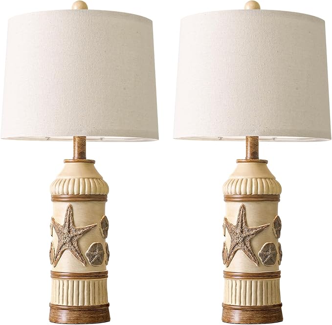OYEARS 24" Table Lamps Set of 2,Boho Table Lamps for Living Room,Bedside Lamp for Nightstands,Coastal Nautical Lamp with Starfish Conch Pattern for Decor, End Table, Vintage Retro Beach, Off White