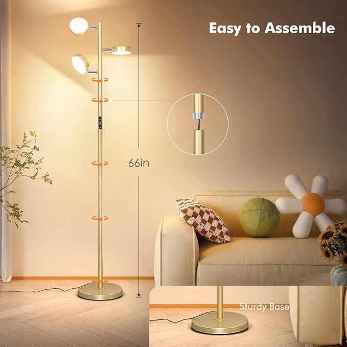 Tree Floor Lamp for Living Room - Modern Glod Standing Lamp, LED Floor Light with Remote & Touch, 3000K-6000K Dimmable for Bedroom Office Reading (3 Head)