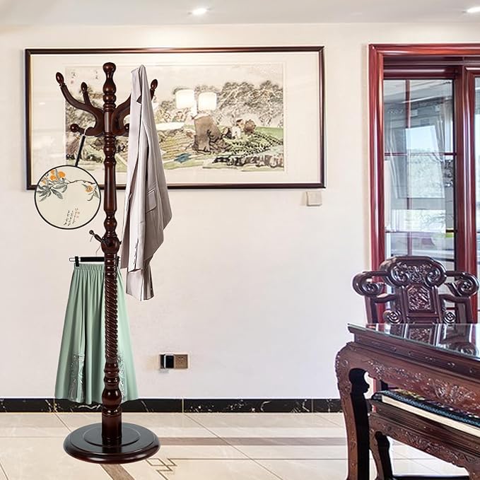 Coat Rack Freestanding, Wooden Tree Coat Rack Stand with 2 Adjustable Sizes Coat Tree and 11 Hooks, Sturdy Hall Tree with Tri-Legged Base for Entryway, Hallway, Bedroom (Walnut-Solid Round Base)