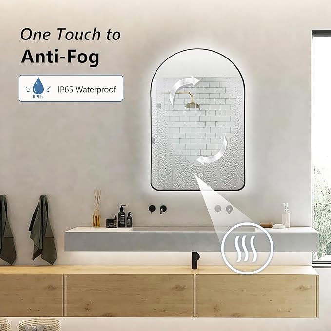 Niccy Arched LED Lighted Bathroom Mirror, 40x24 Inch Backlit Vanity Bathroom Mirror with Lights Brushed Black Framed Wall Mounted Mirrors with 3 Color Shatterproof Arch Smart Fog Free Mirror