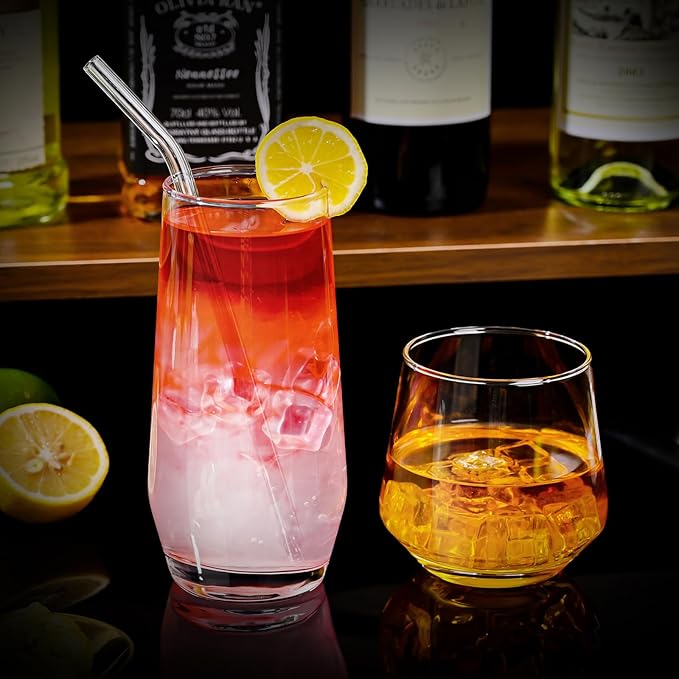 Drinking Glasses Set of 8,Clear 13 oz & 18oz Crystal Glass Cups,Drinkware Glassware,Highball Water Tumbler,Short Stemless Wine Glasses,for Beer,Cocktail,Whiskey,Juice and Various Mixed Drinks