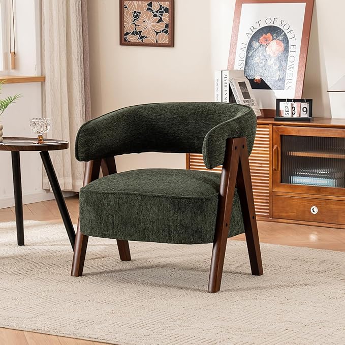 Kidol & Shellder Mid Century Accent Chair Set of 3 Comfy Fabric Modern Living Room Bedroom Chairs Upholstered Lounge Reading Armchair with Thicken Seat Cushion Wood Frame (Green)