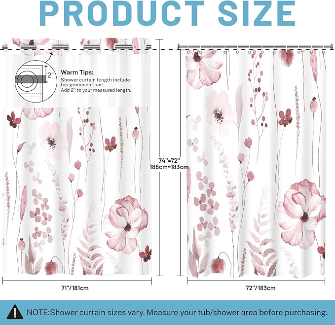 No Hook Shower Curtain with Snap in Liner - Floral Shower Curtain - Fabric Waterproof Inner Liner, Plants Watercolor Burgundy Modern Cloth Shower Curtains - Machine Washable, 71 x 74