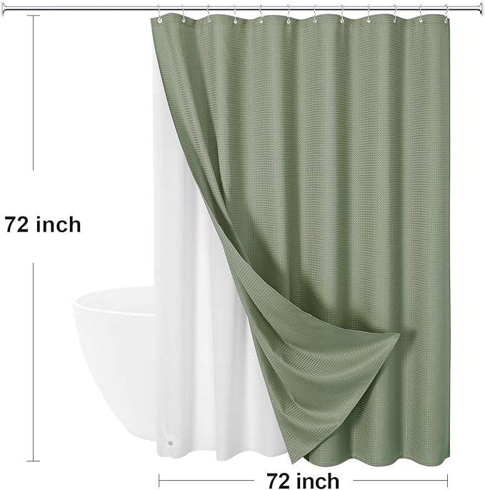 3 in 1 Shower Curtain Set, Sage Green Waffle Shower Curtain and PEVA Liner Set with 12 Stainless Steel Shower Curtain Hooks, Waterproof Fabric Shower Curtains for Bathroom, 72 W x 72 H