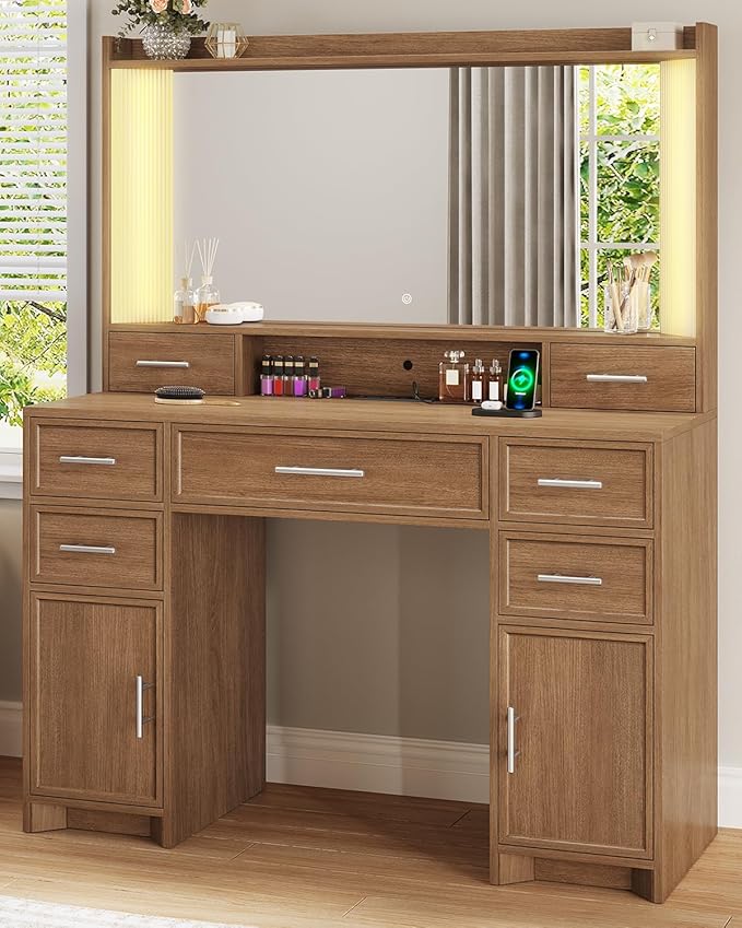 AOGLLATI Vanity Desk with Mirror and Lights, Makeup Vanity Desk with Lights, Large Mirror with Charging Station and 3 Color Lightbox, White Vanity Table with 7 Drawers for Bedroom, Dark Brown