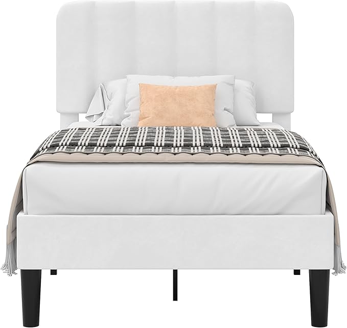 VECELO Twin Size Bed Frame with Upholstered Headboard, Velvet Platform Bedframe Mattress Foundation, Strong Wood Slat Support, No Box Spring Needed,White