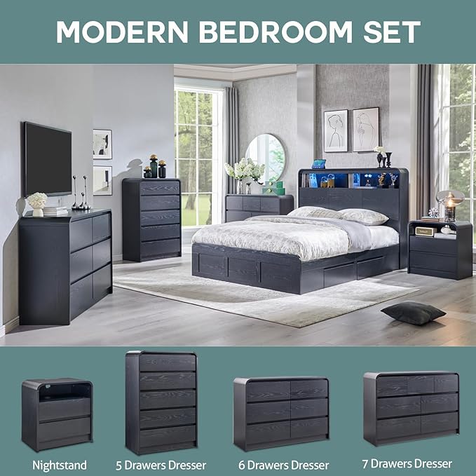 Modern 7 Drawers Dresser for Bedroom, 47" Wide Wood Dressers & Chests of Drawers w/Curved Profile Design, Mid Century Modern Dresser w/Natural Texture for Bedroom, Living Room, Black