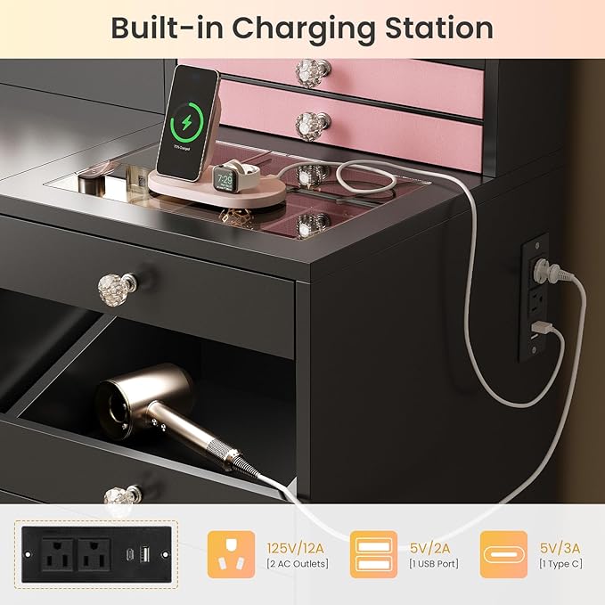 Makeup Vanity Desk with Mirror and Lights & Large LED Cabinet, Vanity Table with 2 Jewelry Boxes, 6 Drawers, and Built-in Shelves, Dressing Table with Power Outlets for Women Girls Bedroom, Black