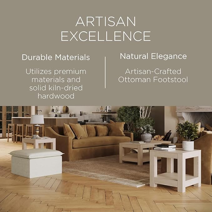 Maven Lane Claude Large Square Rustic Upholstered Ottoman, Cushioned Footrest for Living Room Couch, Chair, or Dorm Room in Dove Fabric Upholstery