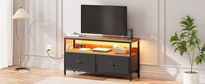 39" TV Stand for TVs up to 50", Media Console with Charging Station & LED Lights, 2 Drawer Storage Chest, Gaming Entertainment Center with Storage for Living Room, Brown, Medium