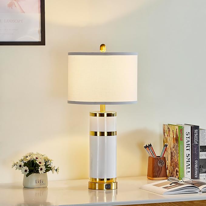 Ceramic Gold-Plated Decorative 28" Table Lamps Set of 2 with E26 Socket&Rotary Switch,USB A+C Ports,Modern Bedside Lamps for Nightstand,Bedroom,Living Room,Decoration,Office(Bulbs Included)