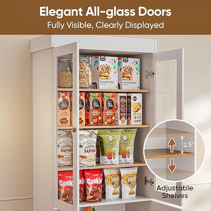 Vyre 70.8" Tall Farmhouse Bookshelf, Modular Bookcase with Glass Doors, 6-Tier Adjustable Shelves, Large Storage Cabinet for Kitchen, Living Room, White, Set of 2