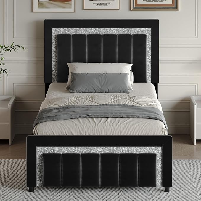 HOMBCK Twin Bed Frame with Headboard and Footboard, Upholstered Bed with Diamond Velvet Design, Kids Bed Frame with Wooden Slats Support, No Box Spring Needed, Easy Assembly, Black