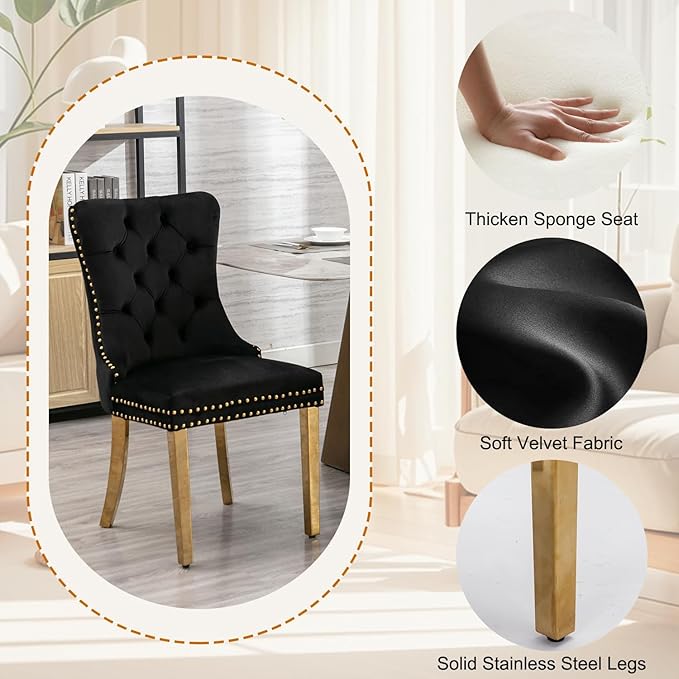 5-Piece Faux Marble Round Dining Table Set for 4, Modern Luxury Kitchen Table Set for 4 with Black Tufted Chairs,Circle Dining Tables with White Marble Grain Top and Bronze Pedestal Base