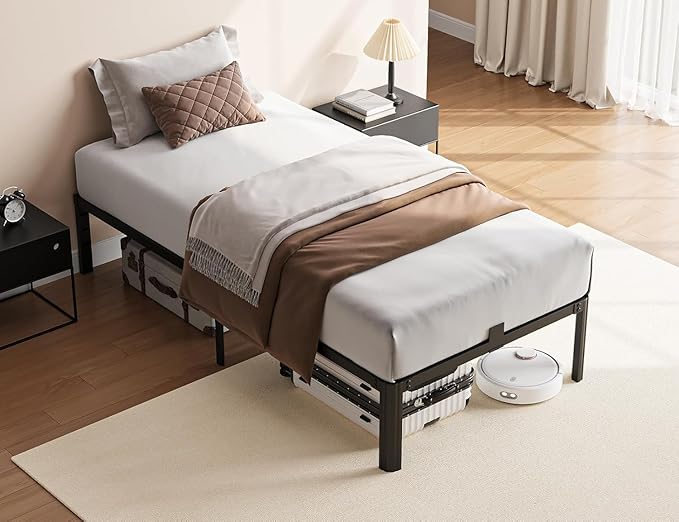 14 Inch Metal Bed Frame Twin Size, Heavy Duty Balck Platform Twin Bed Frames with Round Corner Legs, Mattress Slide Stopper, No Box Spring Needed, Easy Assembly