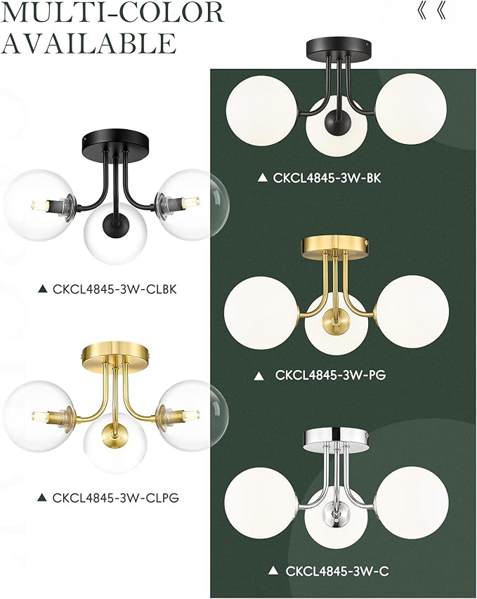 3-Globe Black Flush Mount Ceiling Light in a Modern Farmhouse Design is Ideal for Living Rooms, Bedrooms, or Dining Rooms. Model:CKCL4845-3W-CLBK
