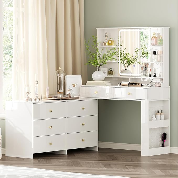Makeup Vanity Desk with Mirror and Lights, Vanity Desk with 8 Drawers & Storage Shelves, Vanity Table with Power Outlet, 3 Color Modes & Adjustable Brightness Dressing Table, Bedroom,White2
