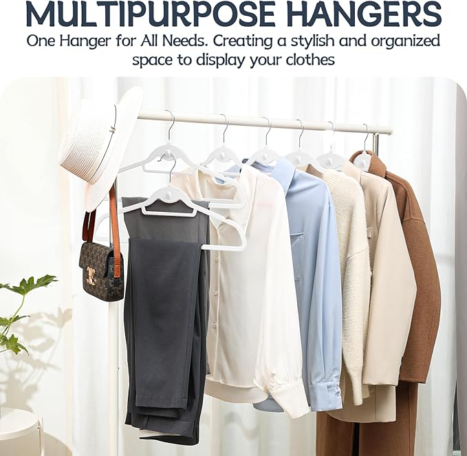 Velvet Hangers 50 Pack, Non Slip Stackable Clothes Hangers with Cascading Hooks, Ultra Thin and Space Saving Felt Hangers with Tie Bar, 360° Swivel Hooks, Heavy Duty for Suit Coat Shirt Pant- White