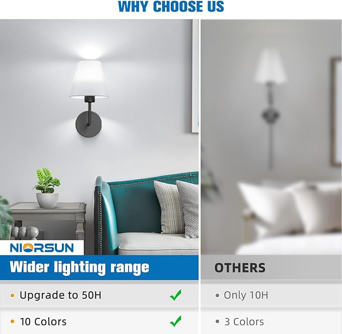 NIORSUN 13.8 inch Battery Operated Wall Sconce Set of 2,Black Rechargeable Wall Lights with 5200mAh Dimmable Detachable Bulbs and Remote,9 Colors Wireless Sconces for Bedroom Living Room Hallway