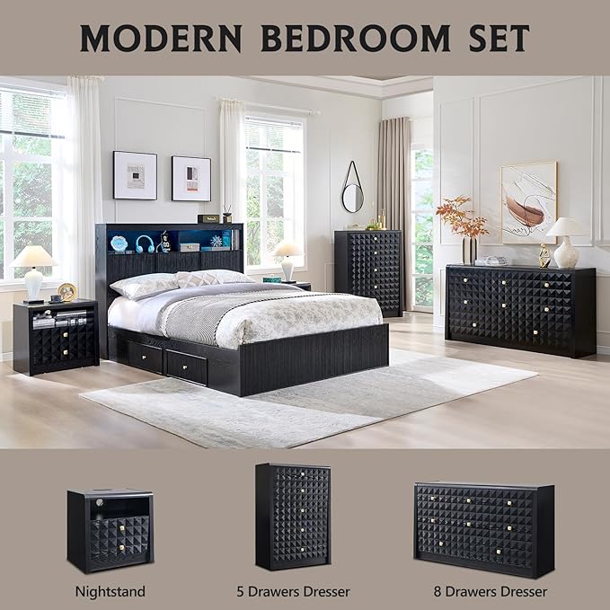 Modern 5 Drawer Dresser for Bedroom, Wooden Tall Dressers &Chests of Drawers w/Two Different Drawer Sizes, Mid Century Modern Dresser w/Diamond Panel Decorate for Bedroom, Curved Profile Design, Black