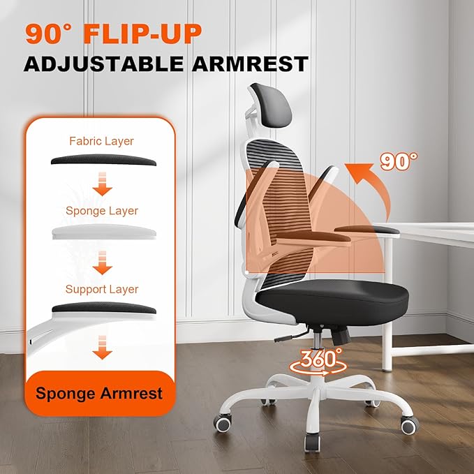 Office Chair Ergonomic Desk Chair, 330LBS Capacity, High Back Computer Chair for Long Hours Comfortable, Rolling Swivel Executive Task Chair for Home Office with Flip-up Armrests(White Black)